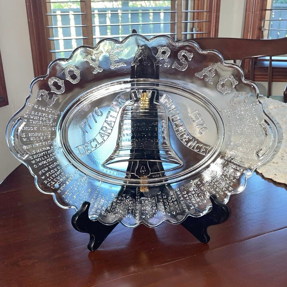 Vintage 1976 Bicentennial Glass Platter Liberty Bell Tray AHRC America250 Decor